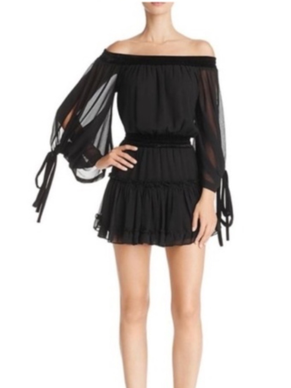 MisA Los Angeles Monique Off-Shoulder Black Chiffon Mini Dress